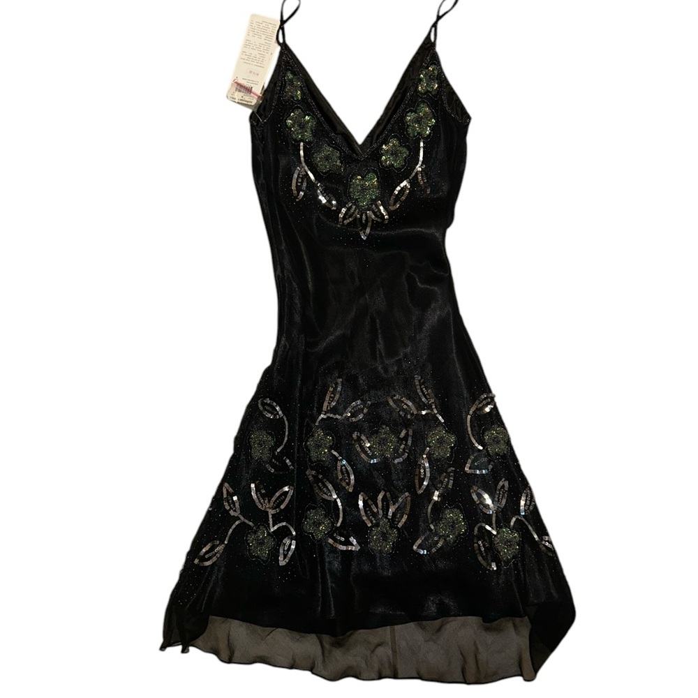 Vintage Papell Boutique Size 6 Black Silk Beaded Midi Dress Y2K
